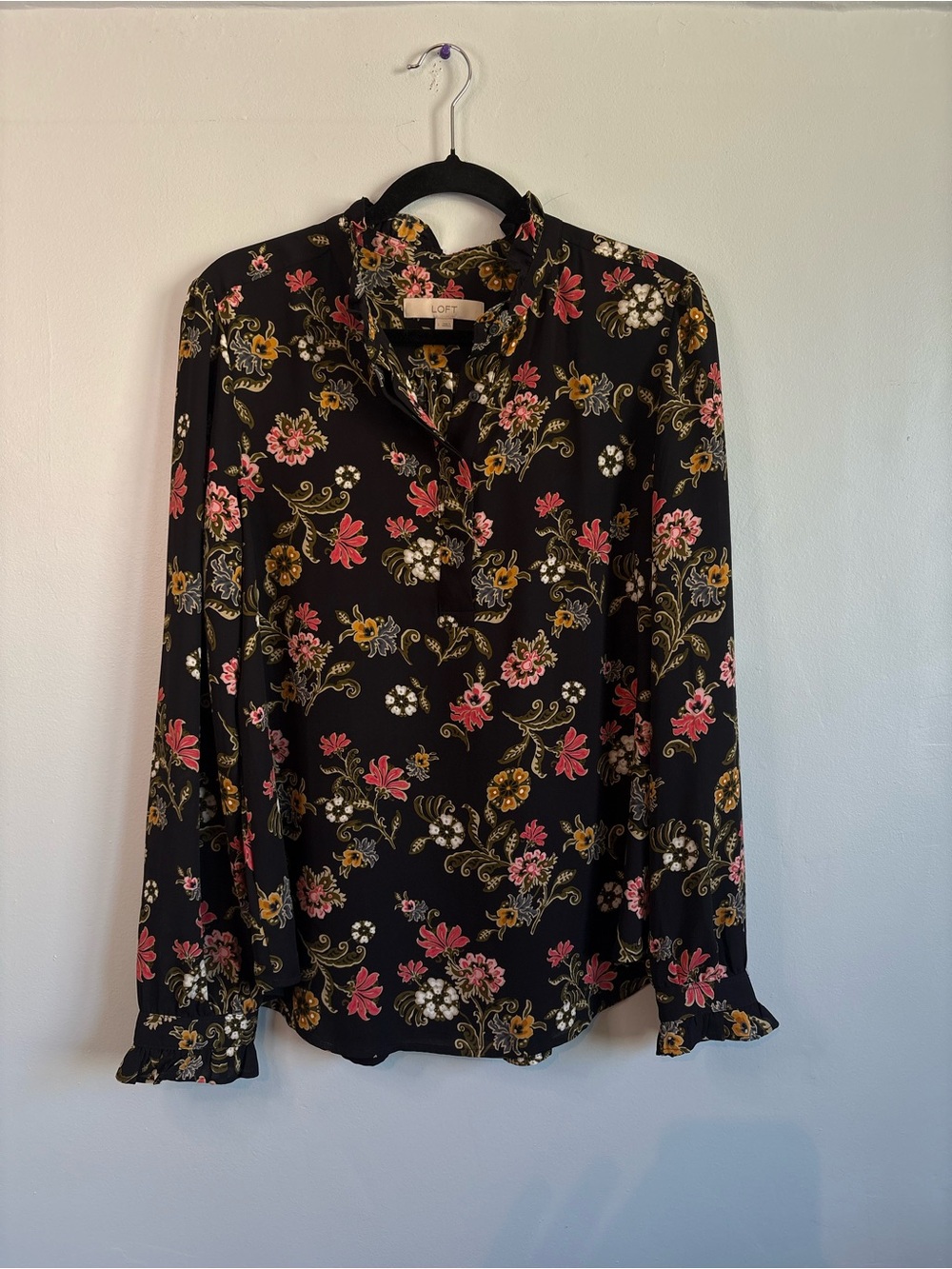 LOFT Black Blouse with Pink & Gold Floral Print